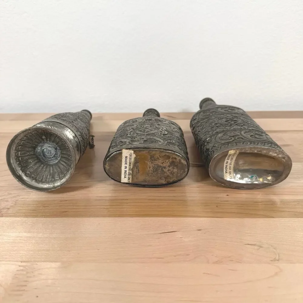 Vintage India Embossed Metal Decorative Flask Canteen Bottles Set of 3